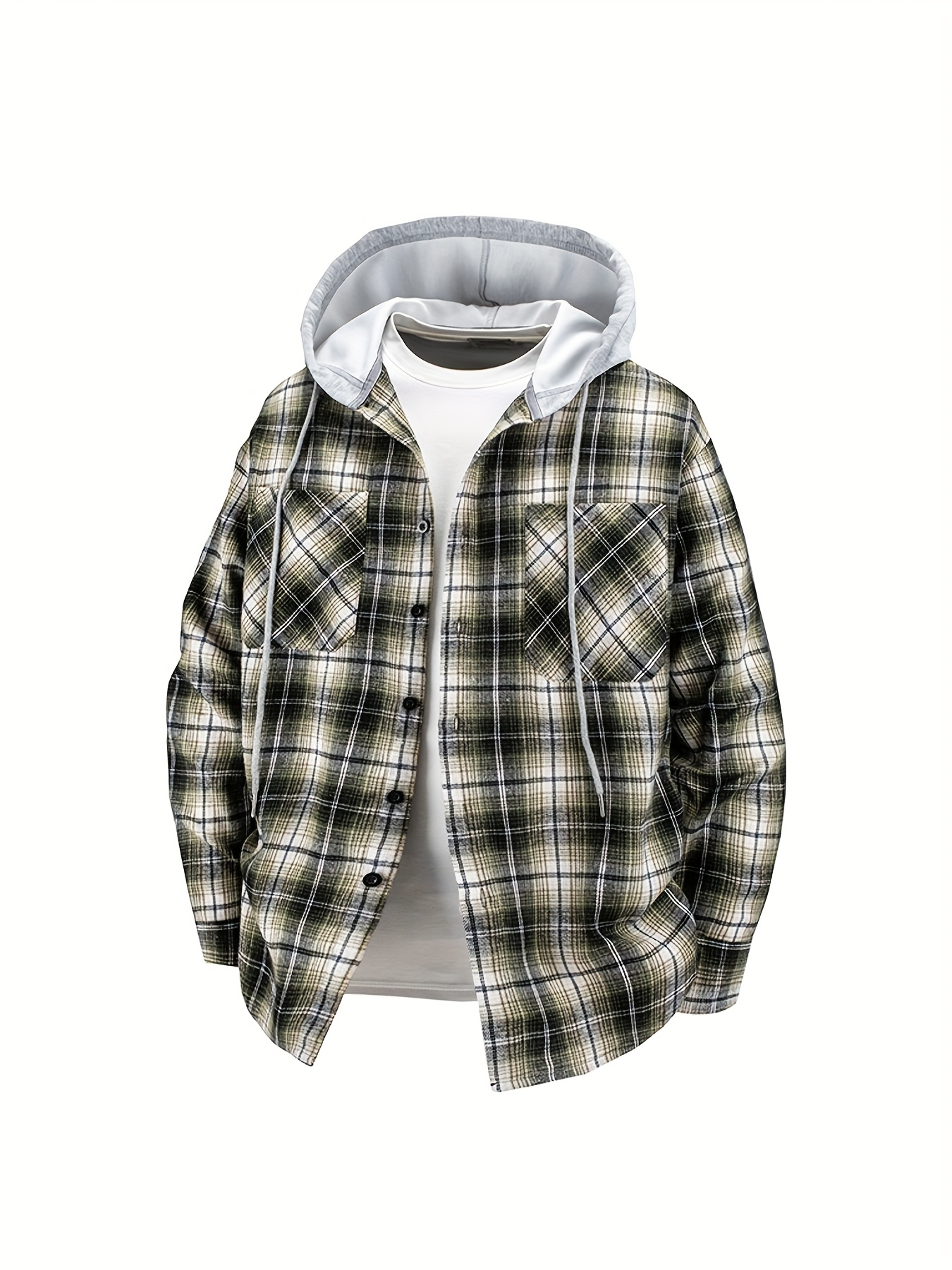 New Men'S Spring And Autumn Hooded Shirt Casual Jacket, Buttoned Plaid Top, Lightweight Outdoor Casual Sportswear for Men, Stylish Everyday Outfit with Pockets