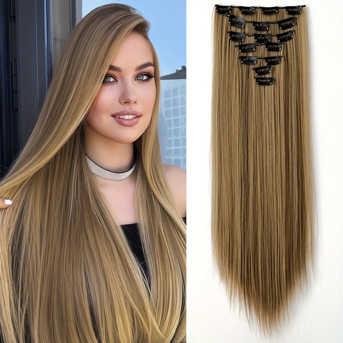   22 inch long wavy clip in synthetic hair extensions gradient blonde to brown versatile natural looking for all genders and   details 2