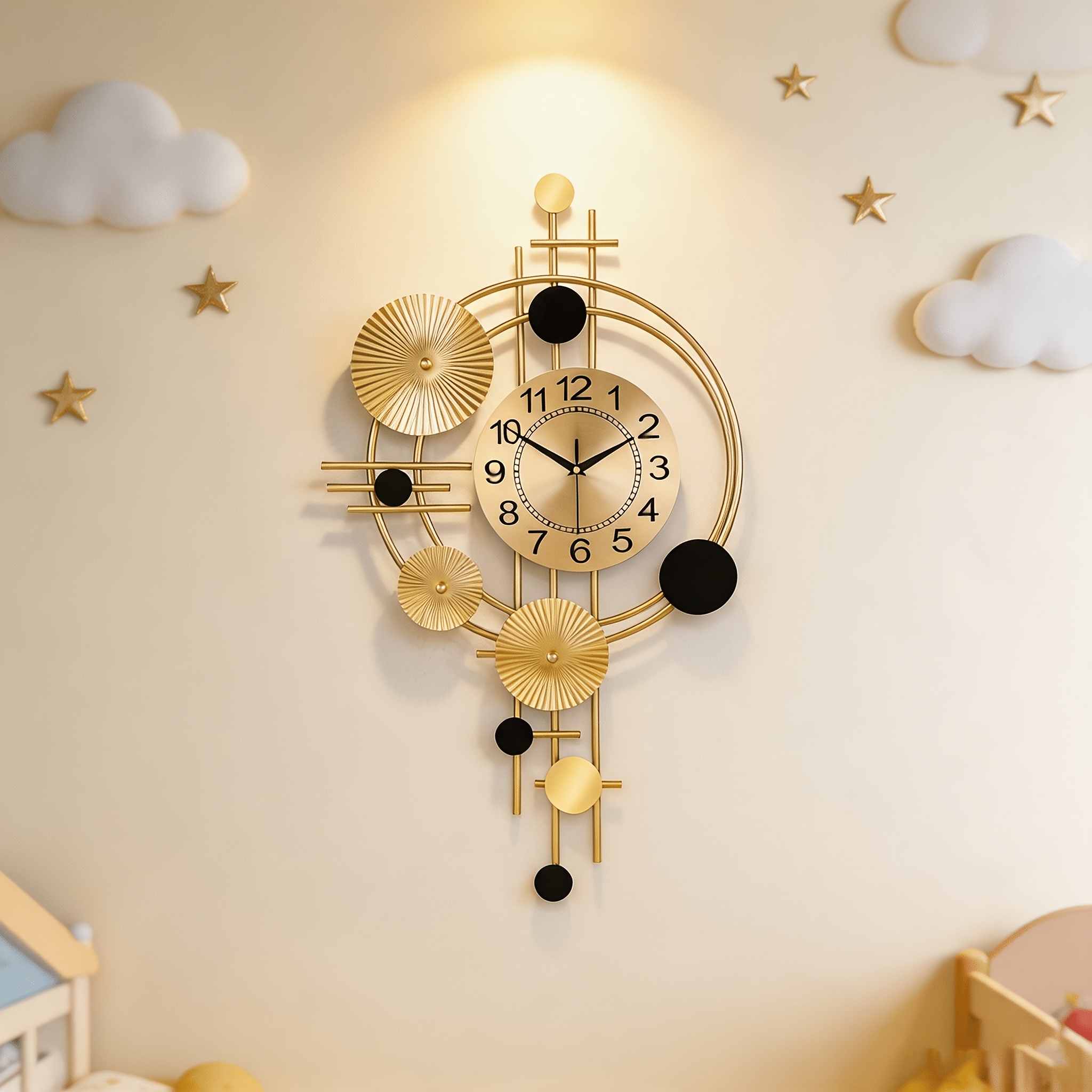 Tohooyo Golden Geometric Nursery Wall Clock For Kids Bedroom, Silent Non-ticking Japanese Quartz Movement Metal Clock, Modern Art Wall Decor For Playroom, Kindergarten, Living Room, Home Decoration