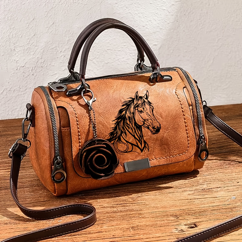 Vintage Women's Crossbody Bag | Horse Pattern, Classic Shoulder Strap With Rose Pendant