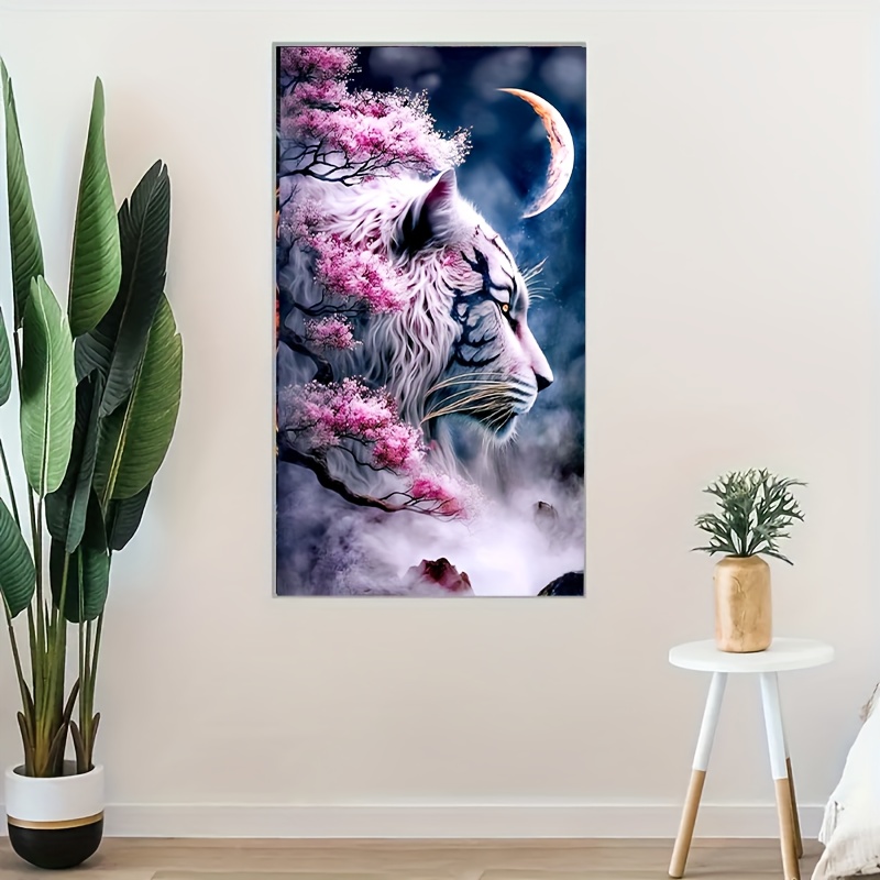 

5d Diamond Painting Kit For Beginners, Mystical Cherry Tiger Under Moon, Round Diamond Art Diy Craft, Full Drill Canvas Wall Decor, Home Decoration Gift 15.7x27.56 Inches
