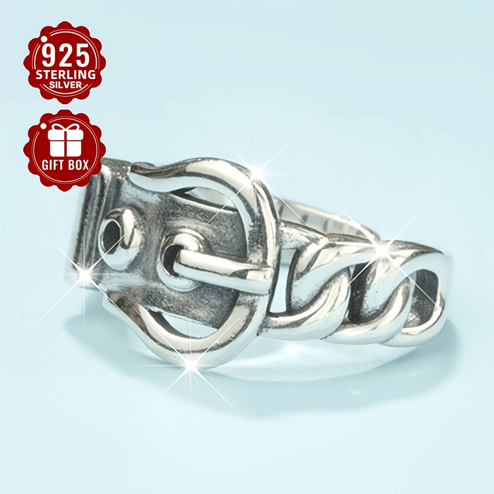 Vintage Hip Hop Belt Buckle Style Open Ring S925 Sterling Silver Adjustable