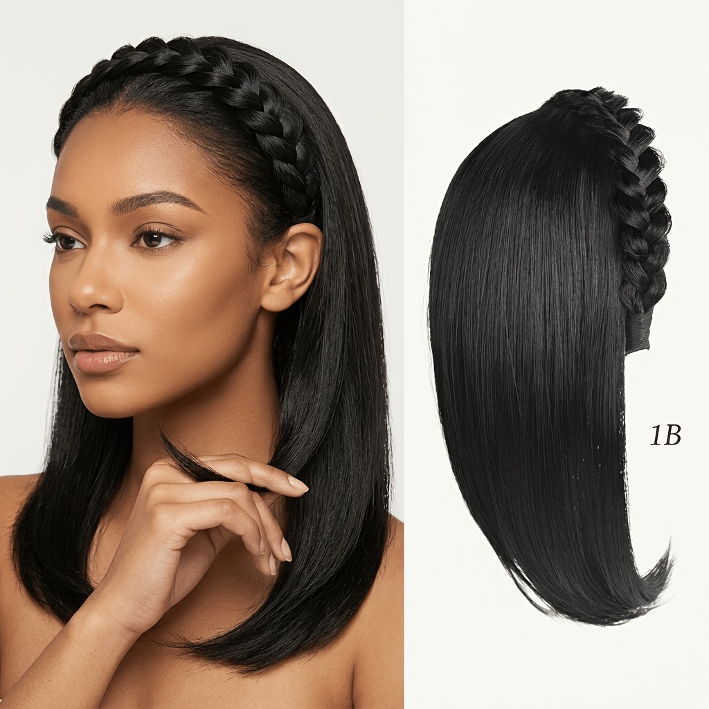 Image of 10-inch/16-inch Braided Headband Hair Bun Band Bangs - Synthetic Hairpiece, Suitable For Gray Hair Coverage, Fluffy, Straight Hair Accessory, Fluffy And , Suitable For Skin Tone And Hair Loss Solution