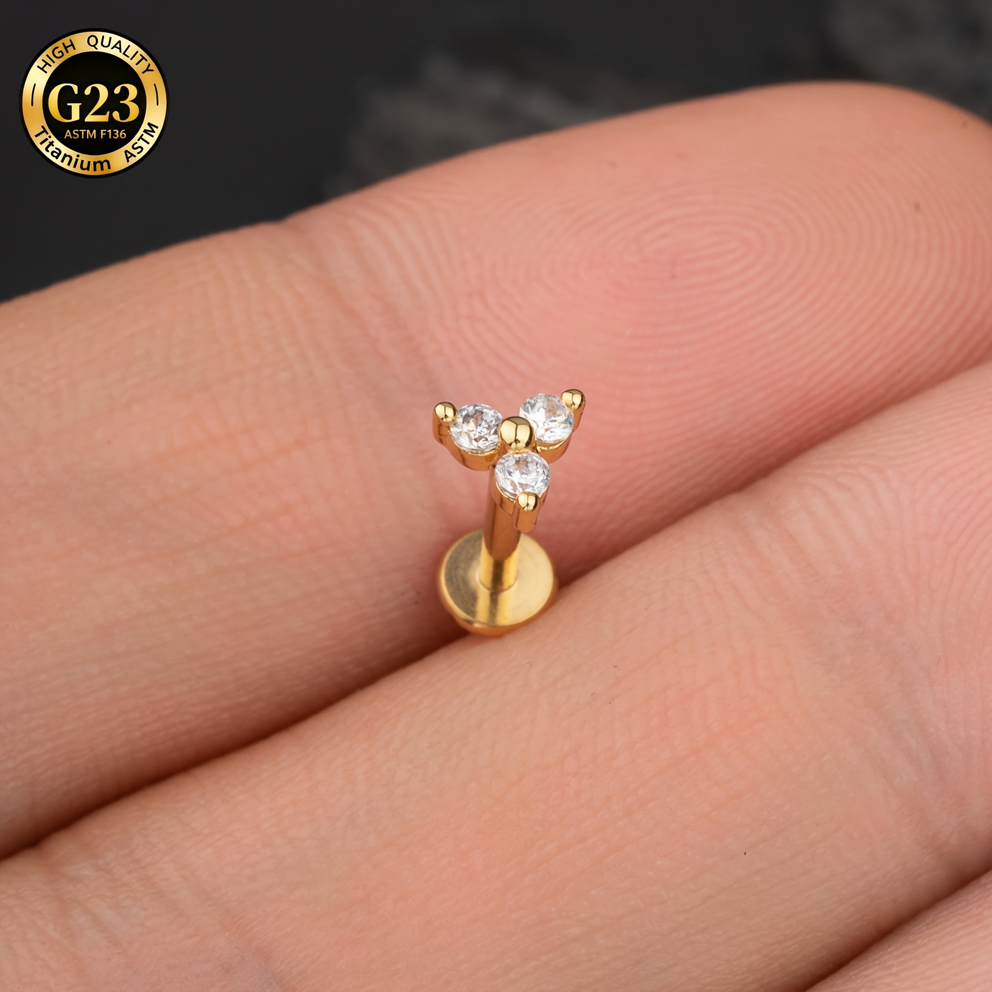 TEMU 1pc Fashionable Minimalist G23 Titanium Alloy Claw Synthetic Zirconia Internal Thread Lip Stud With 3 Synthetic Synthetic Zirconia Internal