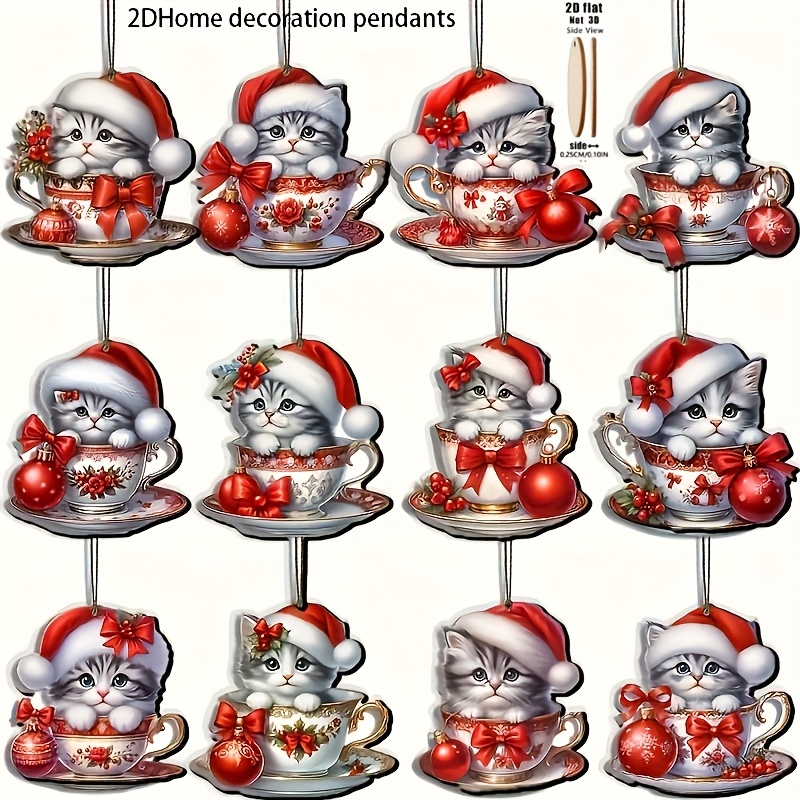 2d Flat - A Set Of 12 Cute Wooden 2d Flat Cups Featuring Christmas Cats, Perfect For Holiday Decorations And Hanging Ornaments For The Christmas Tree, Making Gifts For The