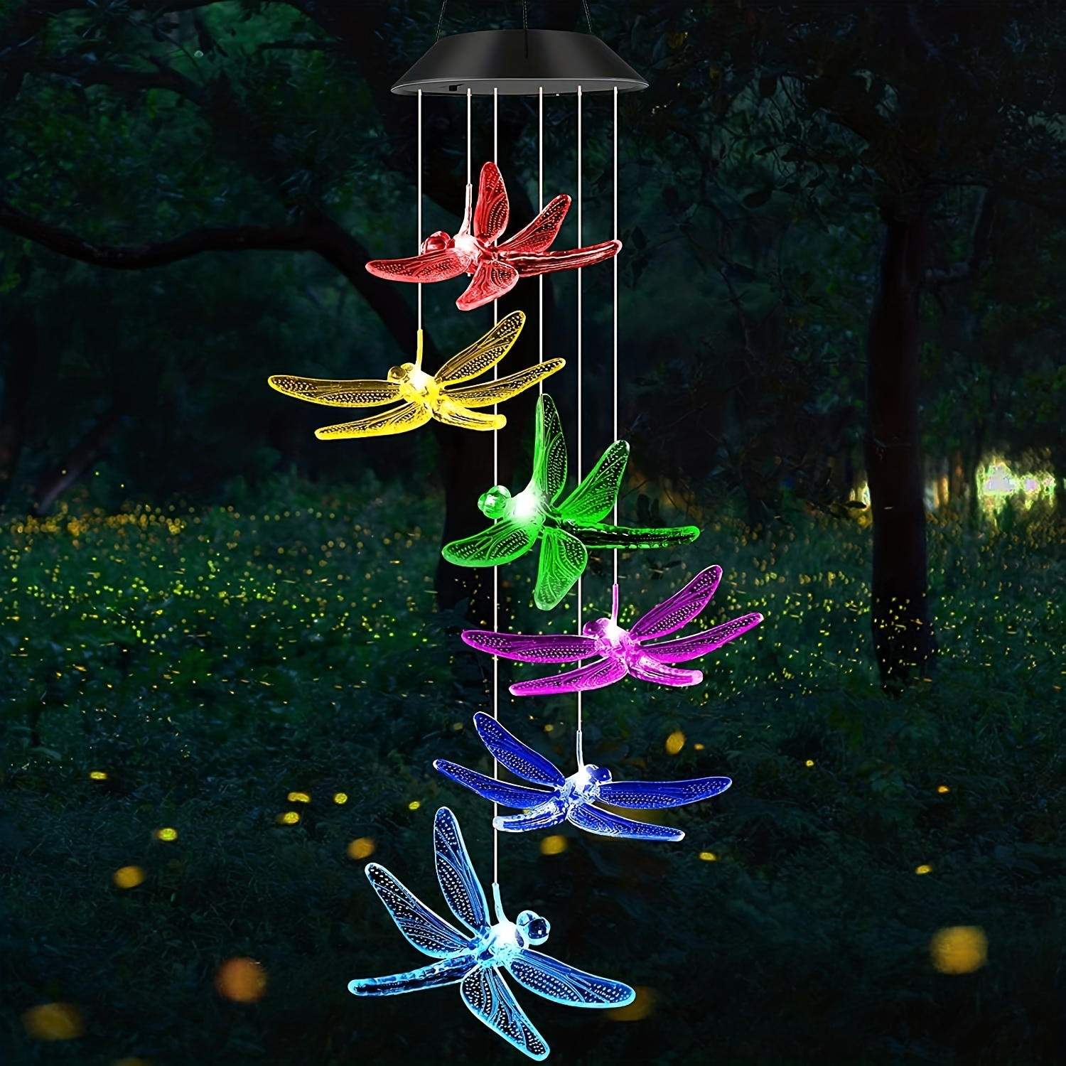 

1pc Solar-powered Dragonfly Wind Chime Light, Led Color-changing Outdoor Hanging Decorative Lamp, Festival Atmosphere Landscape Lighting For Villa Garden Courtyard
