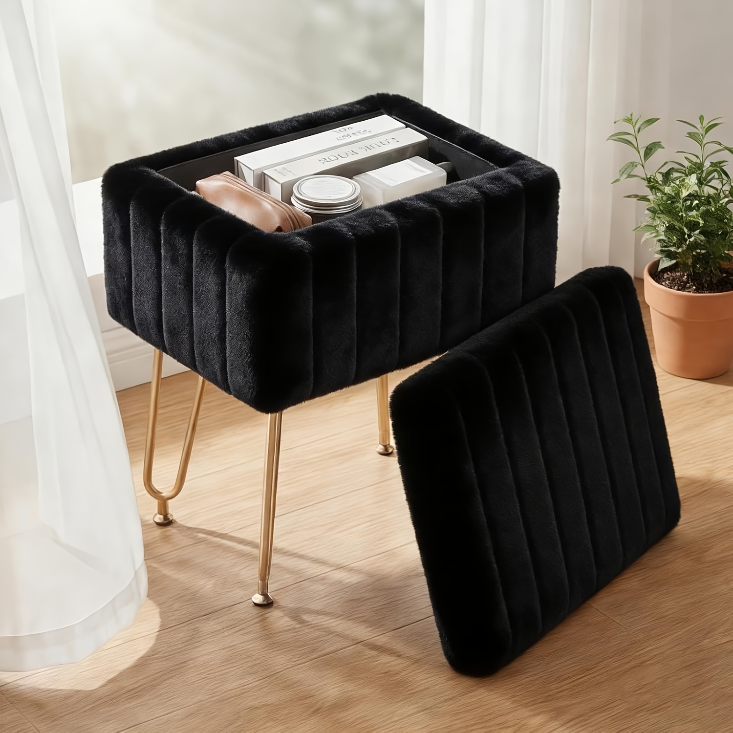 TEMU A Vanity Stool Featuring A Storage Ottoman, Soft Faux Fur Padding For , And 4 Durable Metal Legs With Adjustable Anti-slip Feet. This Seat