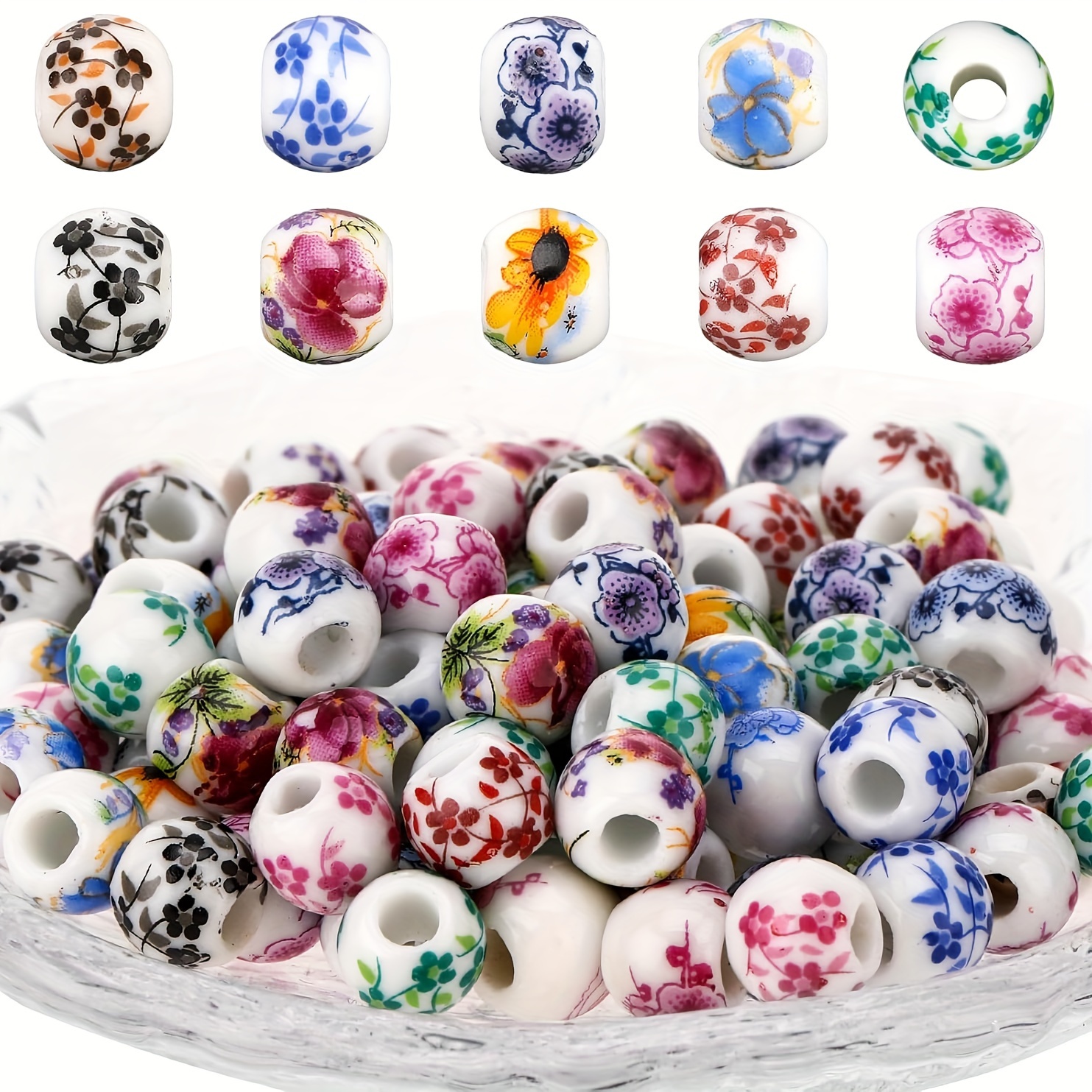 

50//200pcs Floral Porcelain Beads - 8mm Ceramic Spacer Beads For Jewelry Making, Decorative Craft Beading Kit For Diy Bracelets, Necklaces & Crafts Supplies