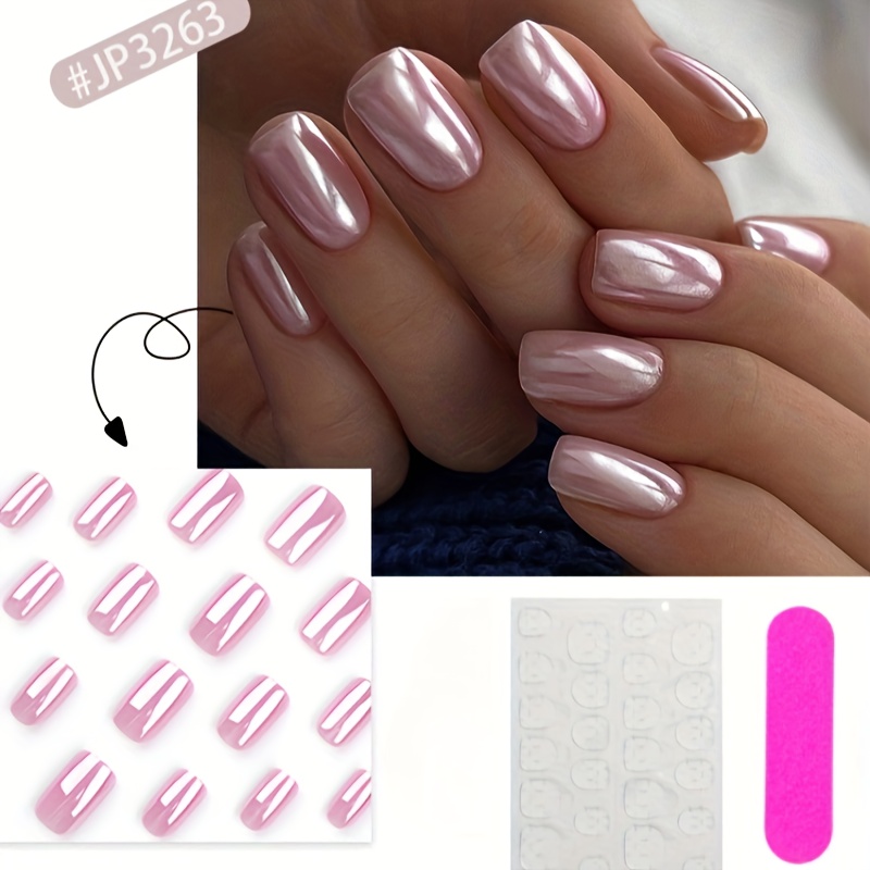 

24pcs Set Pink Short Square Press-on Nails - Aurora , Reusable Acrylic Fake Nails For Women