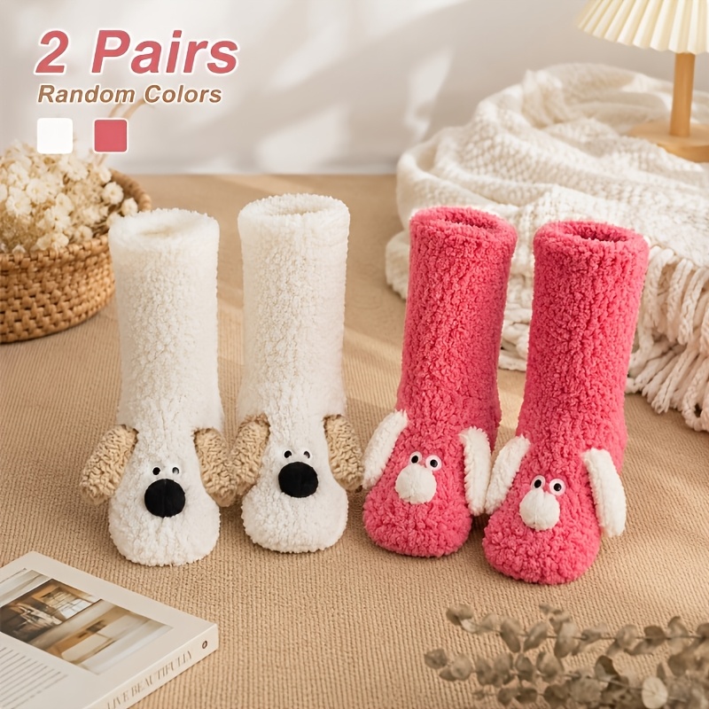 TEMU Of Cute Flop-eared Puppy Floor Socks - Random Colors, Cartoon Animal Plush Socks, Super Soft, Warm, And Comfortable Indoor Winter Casual Sleep