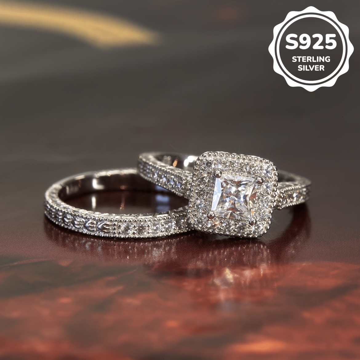 Image of 1 Pair Of S925 925 Silvery Plated Light Square Inlaid Synthetic Synthetic Cubic Zirconiaia Micro-inlaid Size 6 Optional High-quality Jewelry Wedding Banquet Party Wear About 9.3 Grams