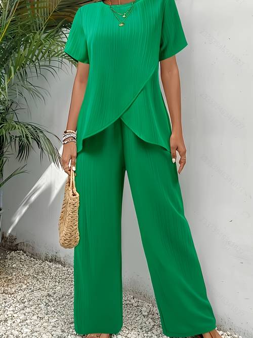 womens casual spring and summer two piece set including an elegant round neck layered dress top and trousers
