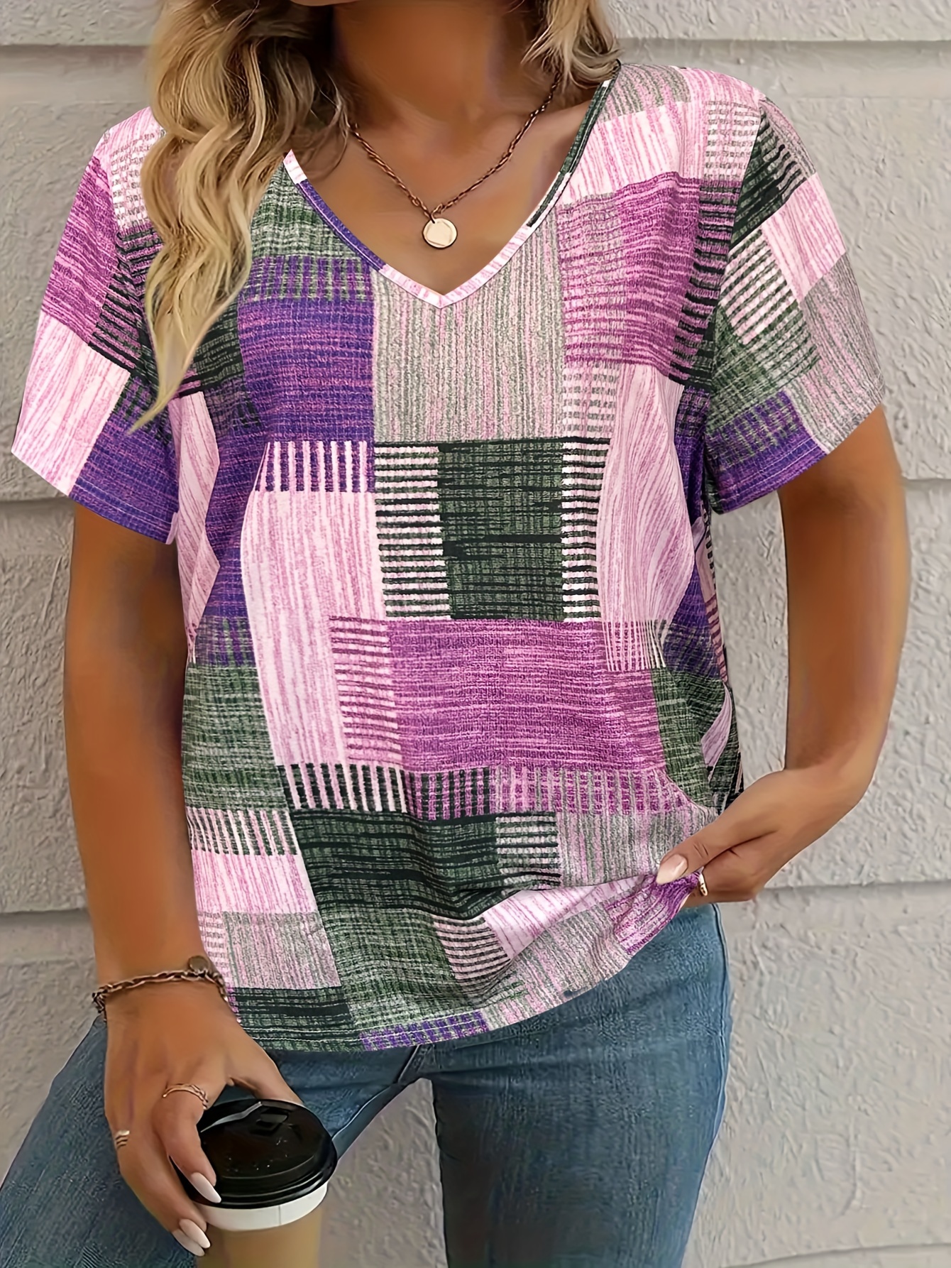 Plus Size, Plus Size Women's Casual V-Neck Short Sleeve T-Shirt - Stretchy Patchwork Print Top with Lime Green & Purple Geometric Design, Machine Washable for Spring Summer Fall, Seasonal Fashion, Nontransparent Fabric, Highelastic Material