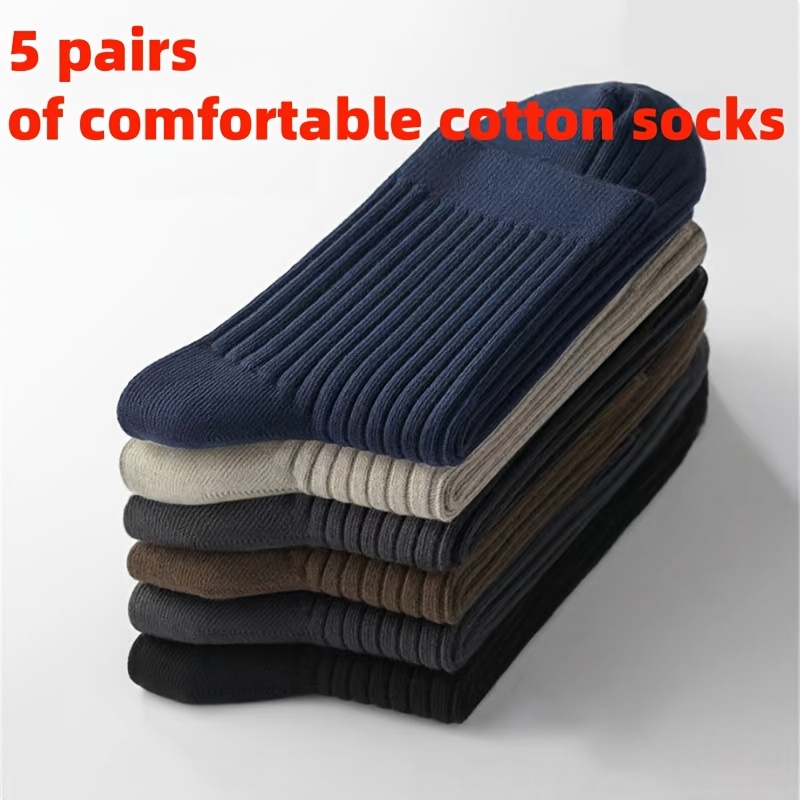 

5 Pairs Cotton Crew Socks For Men And Women - Breathable, Absorbent, Solid Color, Knitted Fabric Socks For All Seasons - 60% Cotton, 35% Polyester, 5% Spandex, Machine Washable