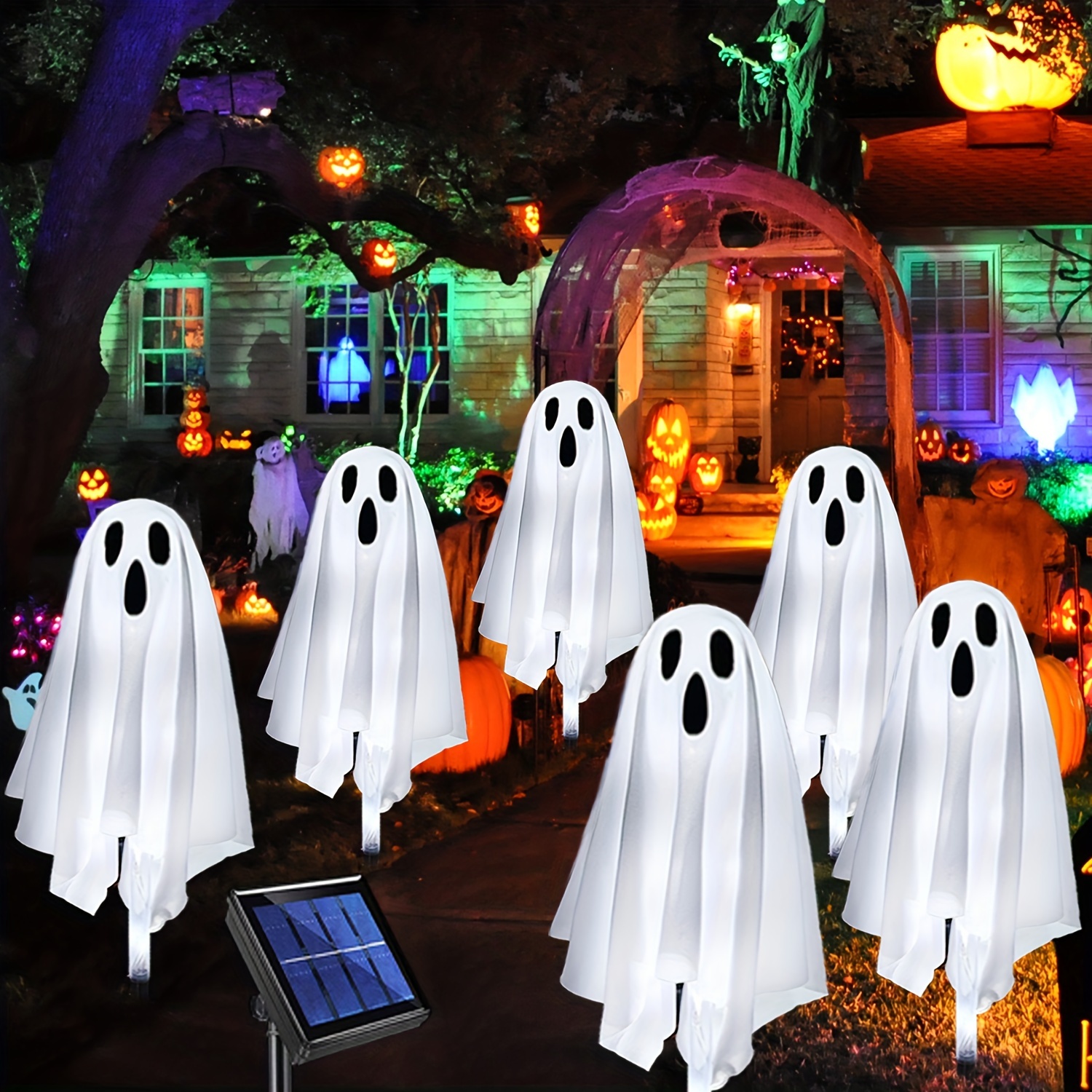 

3-piece Or 6-piece Solar-powered Light-up Halloween Ghost Yard Stakes - Spooky White Specter Design For Garden, Lawn & Walkway