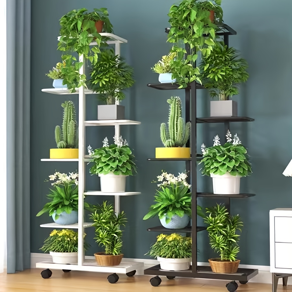 3 tier rolling metal plant stand with wheels versatile white and black floor standing flower rack for balcony patio   room decor multi functional with sliding shelves no power needed plant decor