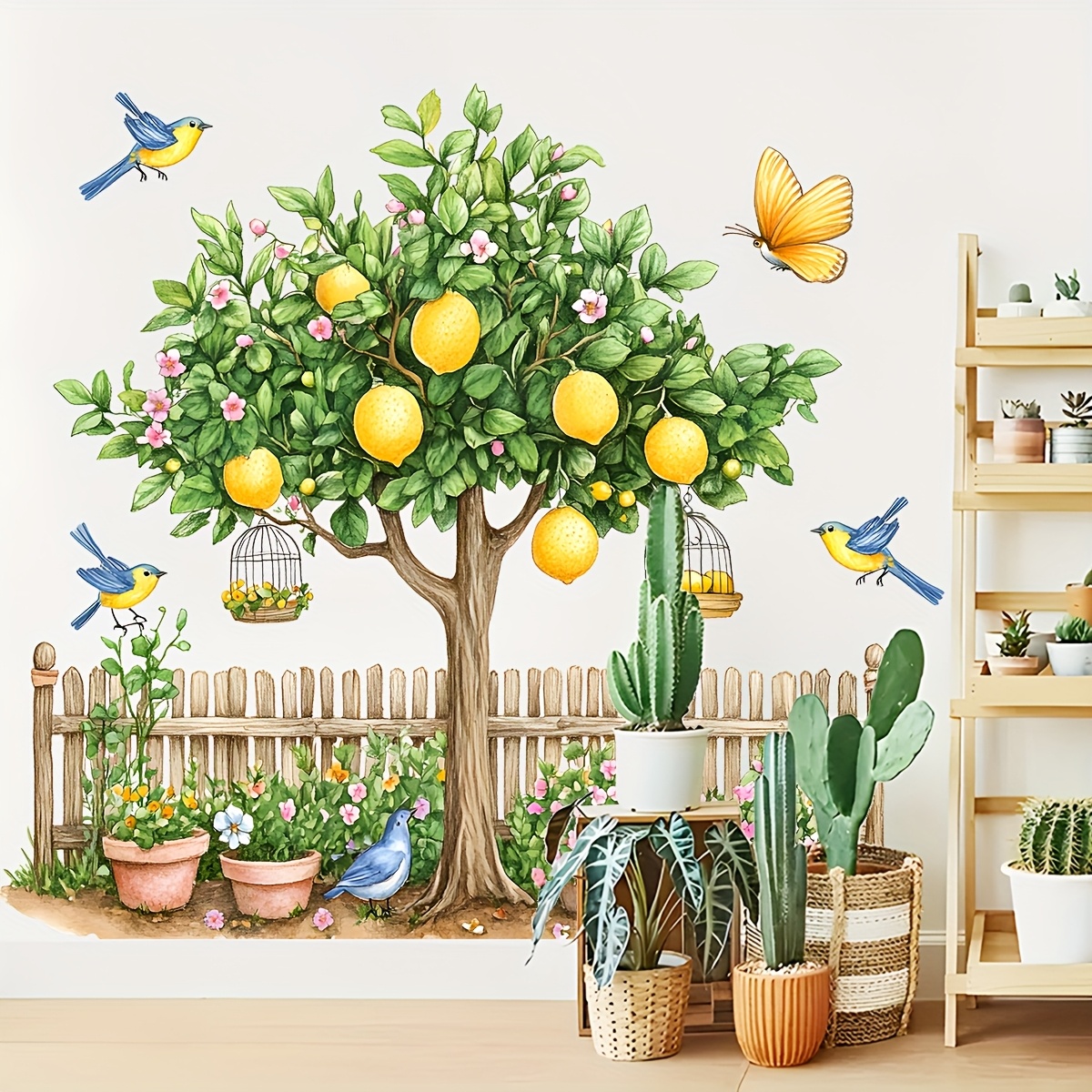 2pcs vibrant garden lemon tree wall art with birds butterflies removable easy to apply home decor for living room kitchen bedroom polyvinyl chloride semi   garden wall decor natureinspired decor   artwork lemon tree decor