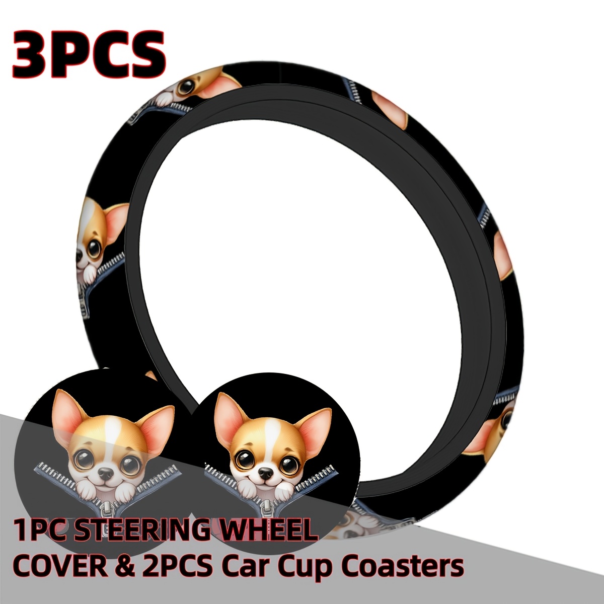TEMU 3pcs Chihuahua-themed Car Interior Set, Zipper Style, Material | 1pc Universal Steering Wheel Cover And 2pcs Coasters Set | - | Fits Most