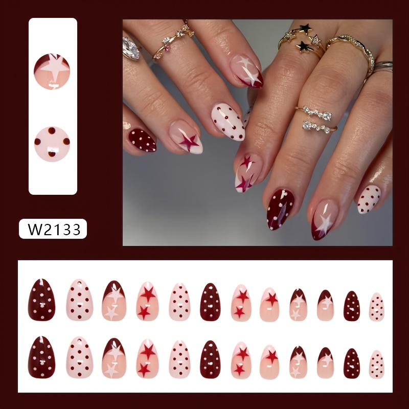 TEMU Süßes Rosa Mädchenstern Französischer Polka Dot Modischer Instagram Style Abnehmbare Nagelkunst 24 Stück Press-On Nägel