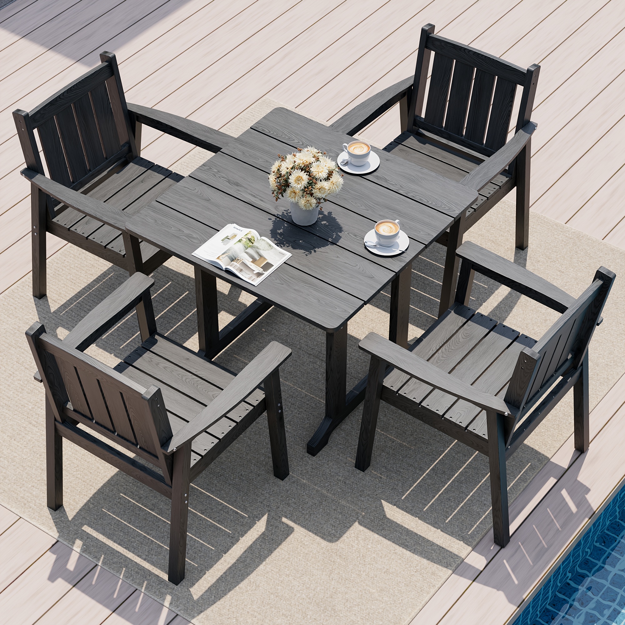 TEMU Patio Dining Set, 5pcs Outdoor Dining Set, 450 Lbs Hdpe Outdoor Table And Chairs, Oversized Patio Dining Sets With Elegant Armrest, Wood Grain