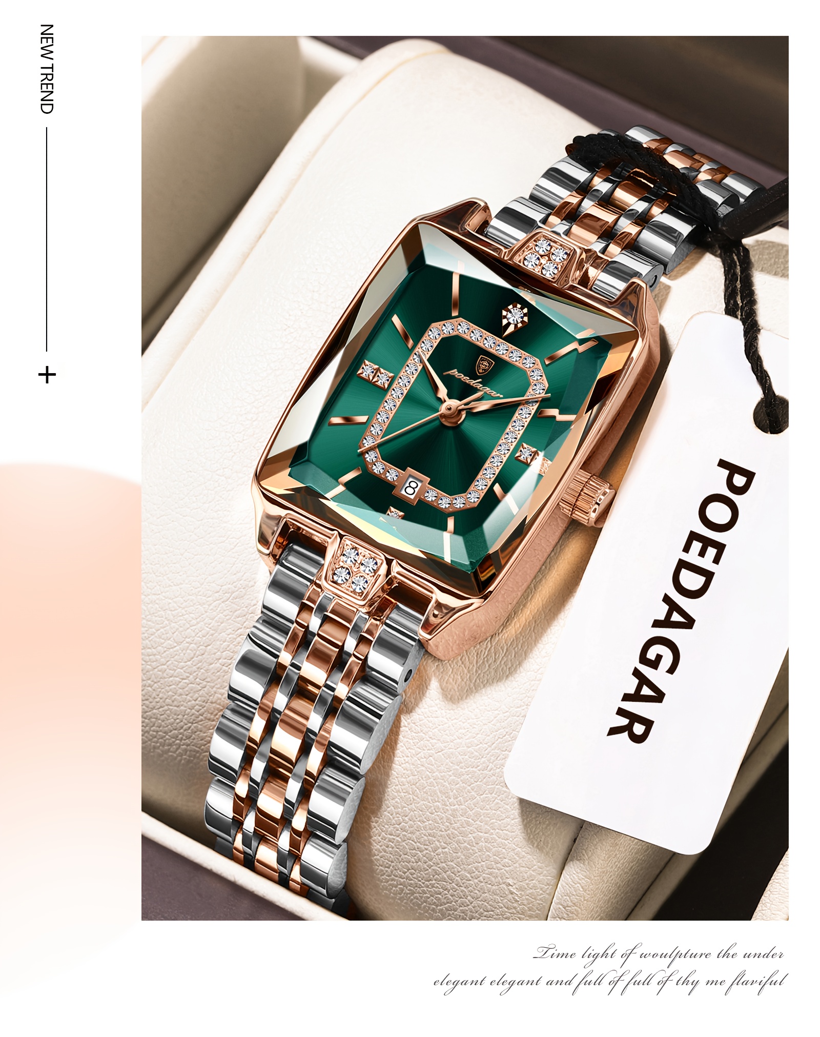 Elegant Waterproof Stainless Steel Square Quartz Ladies Watch with Calendar