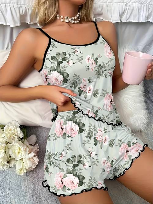 two piece floral print womens camisole and shorts pajama set