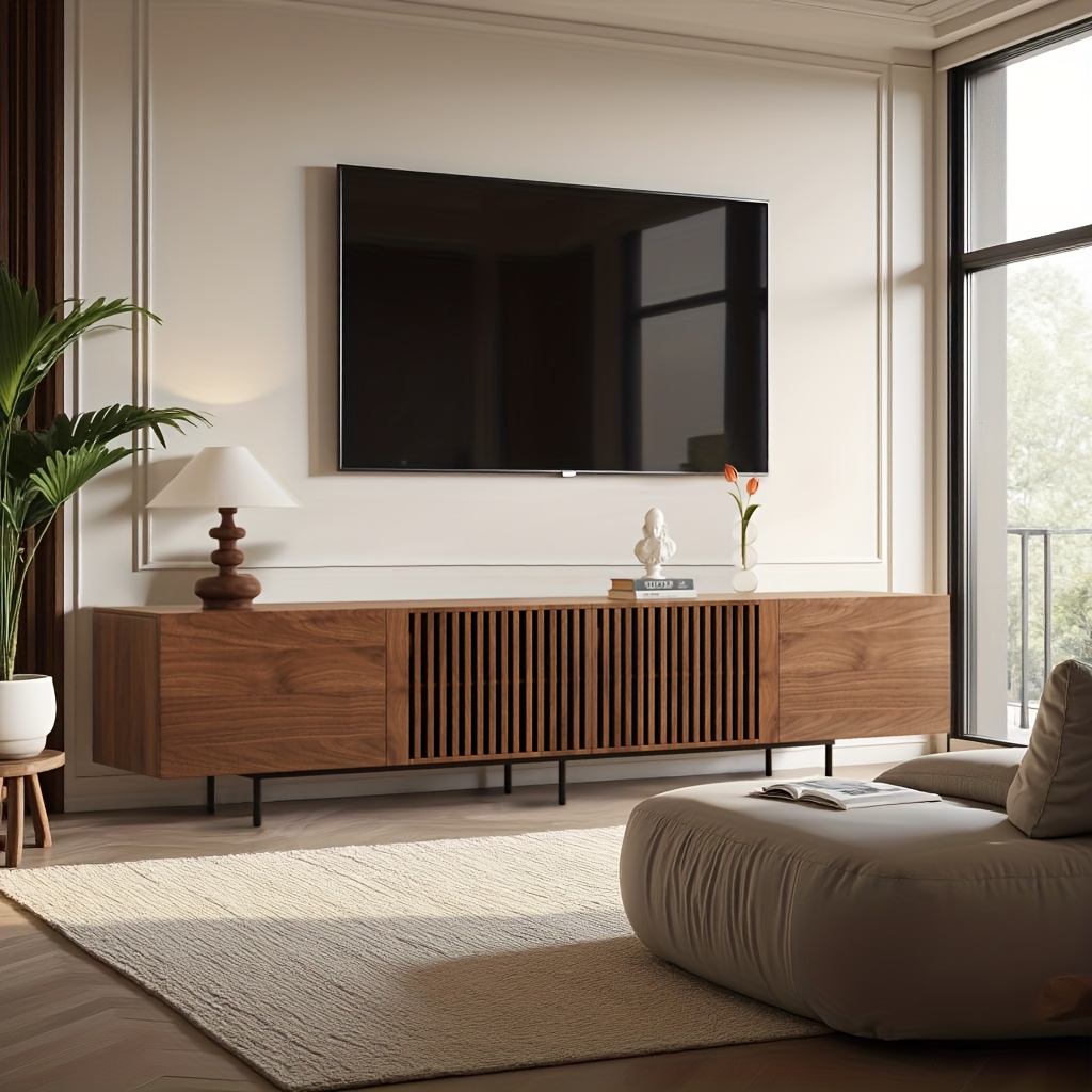 Oleylucklive 240cm Multi-functional Tv Cabinet, Suitable For 75 Inch And Above Tvs, Walnut Color Large Storage Space, Living Room Entertainment Tv Low Cabinet