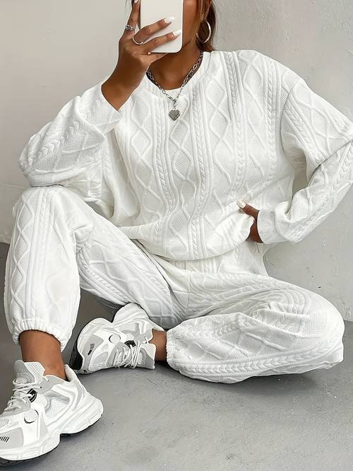 womens casual 2pcs pullover set of a textured solid color jacquard long sleeve crewneck top and sweatpants high quality fabric womens suit womens summer clothing sweatsuits women 2pcs