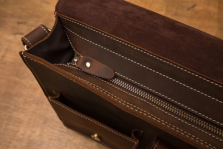 mens vintage style genuine leather messenger bag with adjustable strap casual handcrafted crossbody satchel with multiple pockets scratch repairable daily accessory details 16