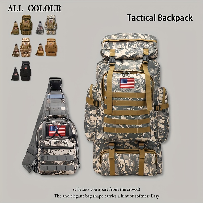 2pcs Set 21.13gal Hiking Backpack Tactical Backpack Camping Mountaineering Bag Tactical Backpack 3 Day Assault Pack Chest Pack Large Camping Unisex Camouflage Outdoor with DIY System, Camping, Hunting, Hiking, Sports, Men's Traveling Camping Hunting, JUMAHE