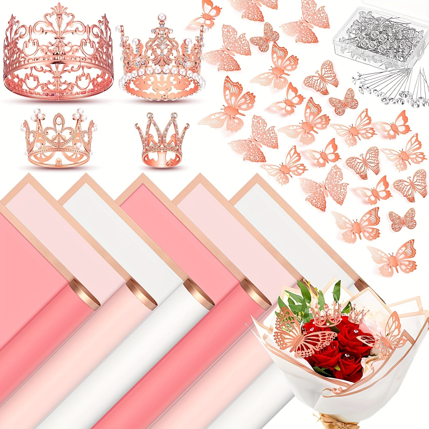 

148pcs Flower Bouquet Accessories Include 20 Sheets Flower Wrapping Paper 4 Mini Crowns 24 3d Butterfly Wall Decor And 100 Bouquet Pins For Wedding Birthday Party Baby Shower Decor (rose Gold)