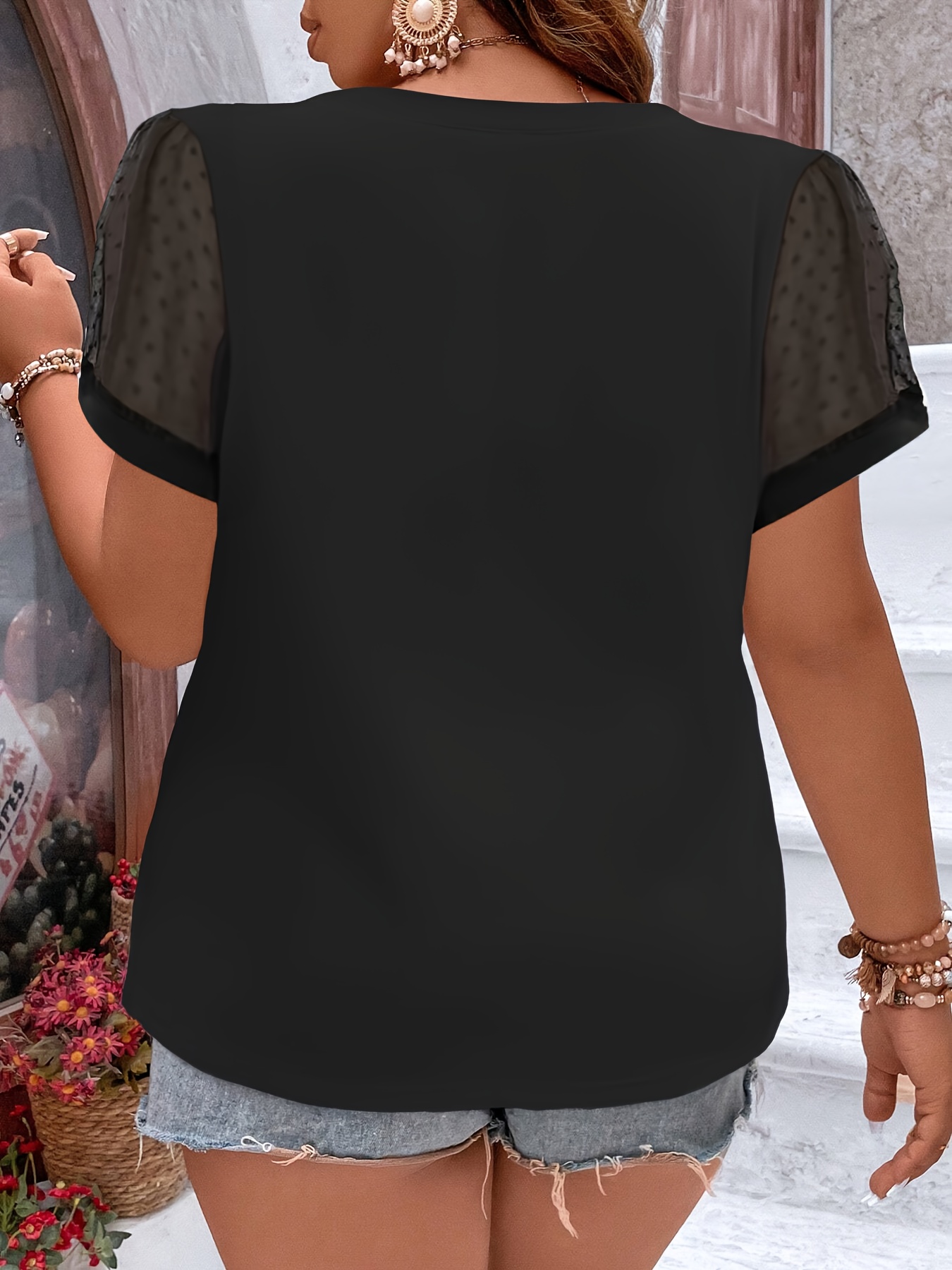 Plus Size Mesh Stitching T-Shirt, Casual V Neck Short Sleeve T-Shirt, Women's Plus Size?Clothing