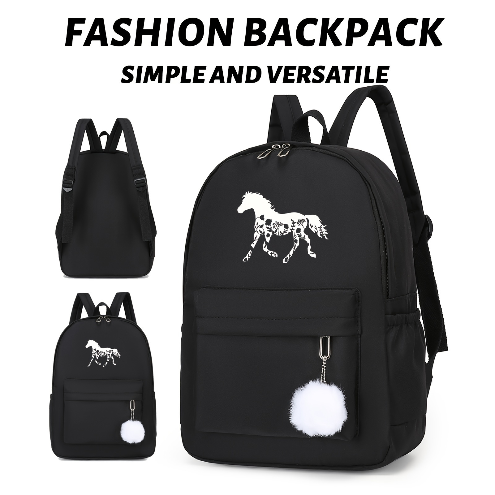 

Running Horse Print Solid Color Backpacks With Side Pockets & Cute Furry Toy Decor, Adjustable Shoulder Straps Casual Preppy Style Knapsacks For Men & Women