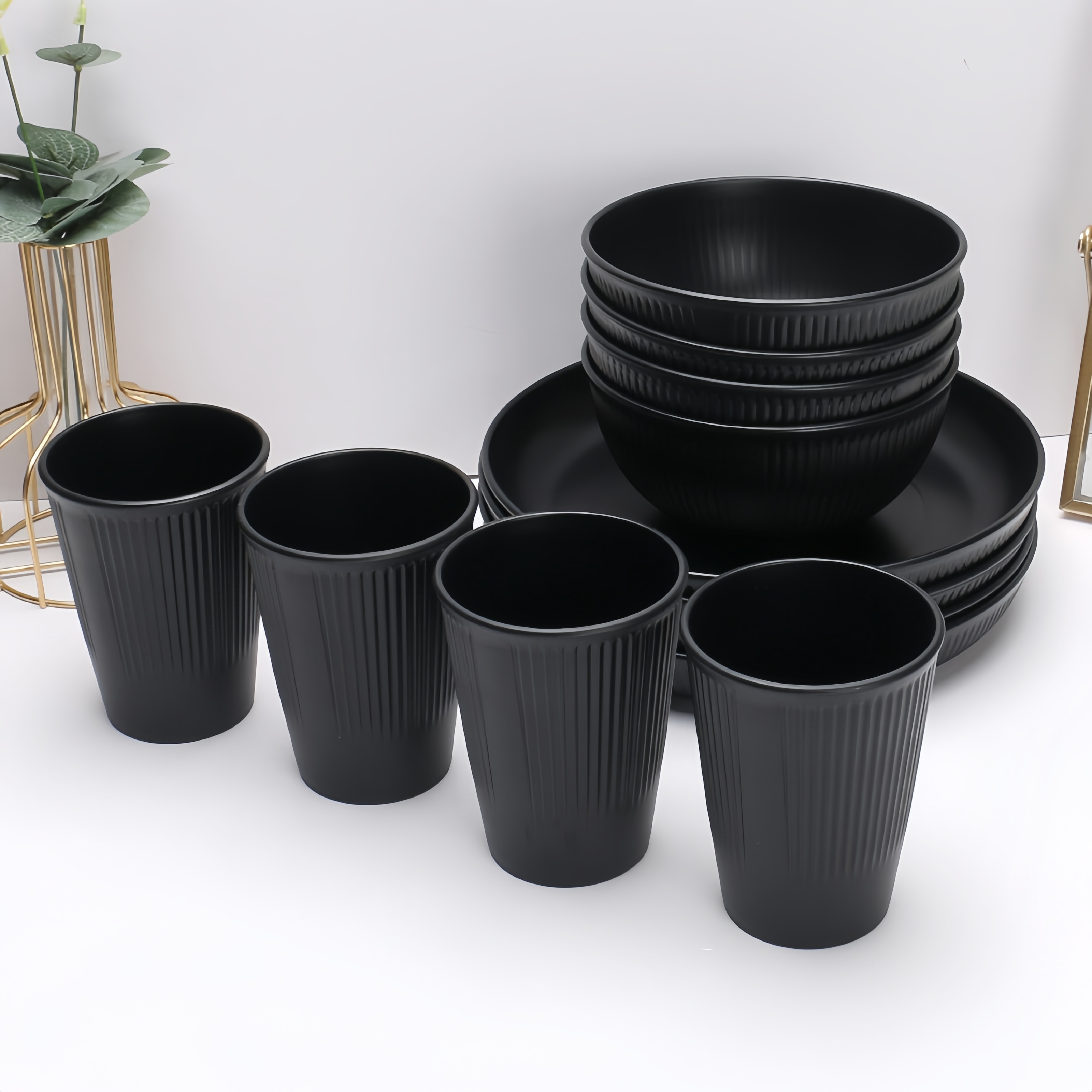 Image of Complete Set Of Black Advanced Pp Plate, Bowl, Cup, Home Use, Dinner Plate, Soup Bowl, Cup, Tableware Set Suitable For Family Gatherings, Hotels, Halloween, Christmas Gifts