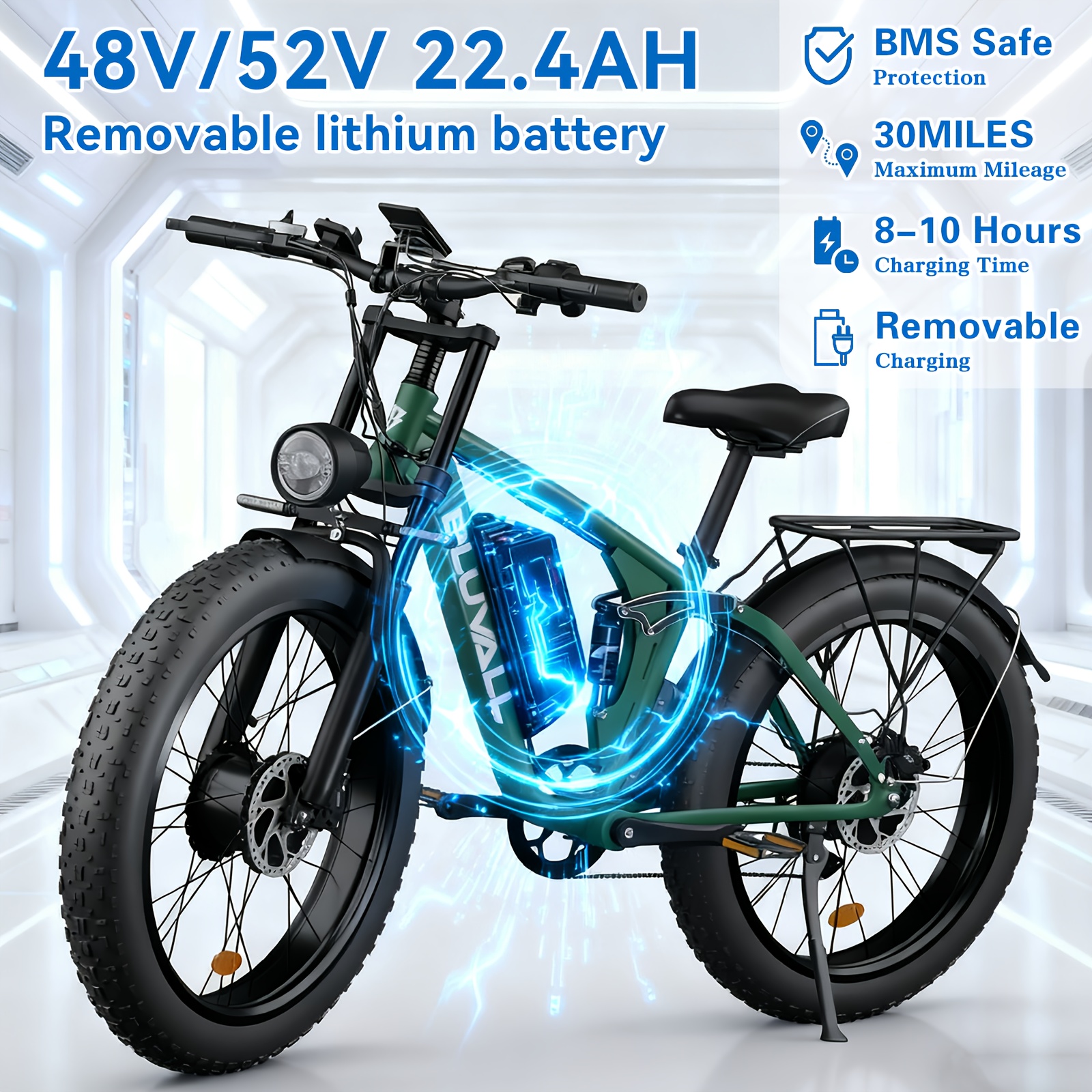 740w adult electric bike with dual motor 80nm torque 48v 52  4ah removable battery 26 all terrain tire mountain bike     speed front rear motor 15 20mph speed 300lb capacity   range disc brakes susp Product details 6
