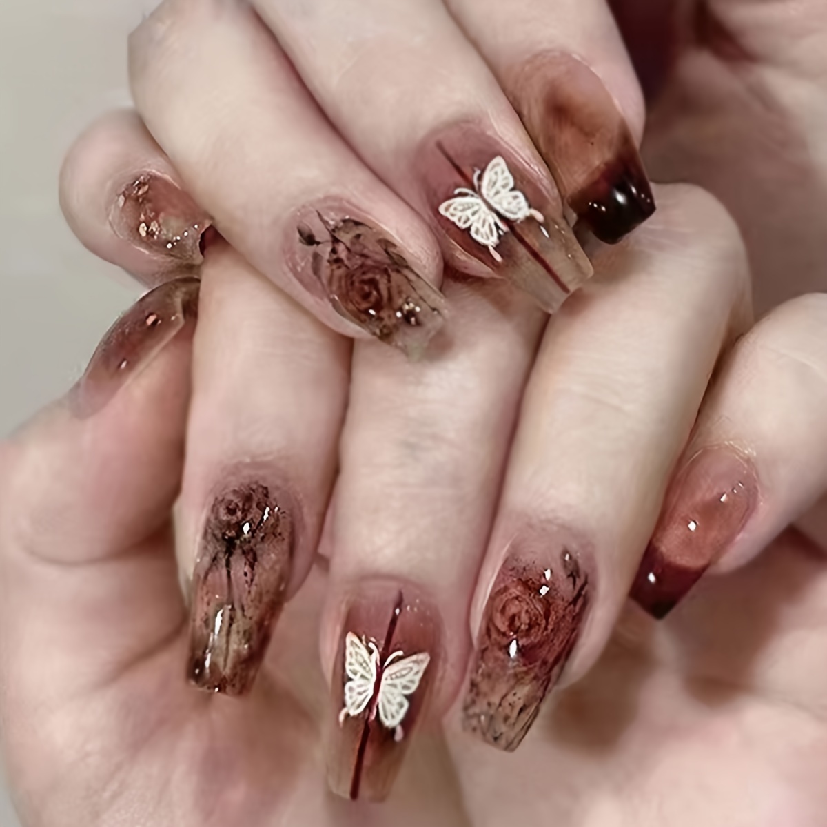 

24pcs Brown Tone Long Square Press On Nails With Aura Pattern, Glossy Ballet Ice Butterfly Design, Fashionable & Versatile Fake Nails For Women And Girls - Perfect For Halloween