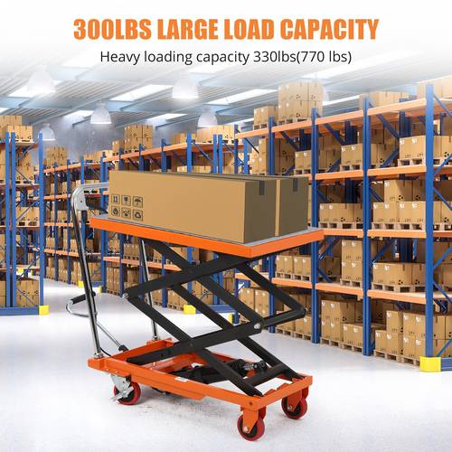 manual hydraulic lift table cart with double scissor design 330 lbs load capacity 50 inch non slip pad 4 wheels for safe material handling orange metal construction by