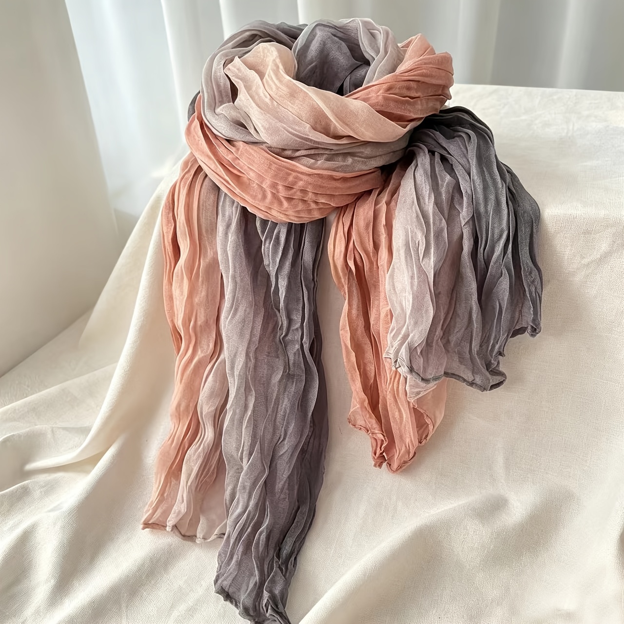 TEMU Women's Gradient Blue Pleated Autumn Winter Scarf, Lightweight Breathable Neck Warmer - Long Gradient Scarf, Retro Ethnic Style Scarf, Artistic