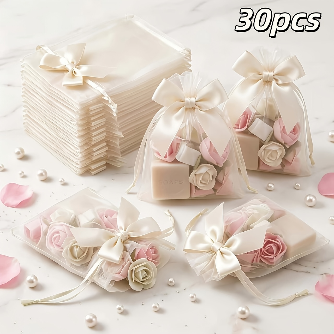 TEMU 30pcs 9 X 12cm/3.54in X 4.72in Off-white, Sky Blue, Golden, Pink Satin Ribbon Bow Organza Gift Bags, Pink Mesh Drawstring Bags, Elegant Jewelry