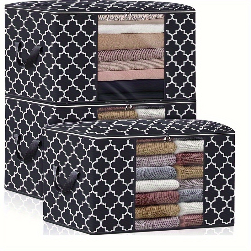 

3-pack Large Capacity Storage Bags For Clothes & Comforters, Non-woven Fabric Organizer With Clear Window, Sturdy Zippers And Handles, Foldable Closet Space Saver, Black & White Geometric Pattern