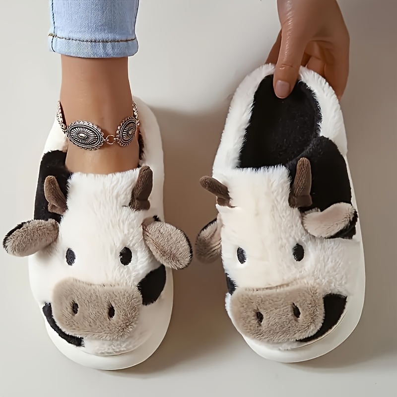 TEMU Style , Chaussons d'Intérieur d'Hiver, Chaussons de Maison, Chaussures en Peluche Petite Vache à Talon Fermé, Chaussures pour Femme