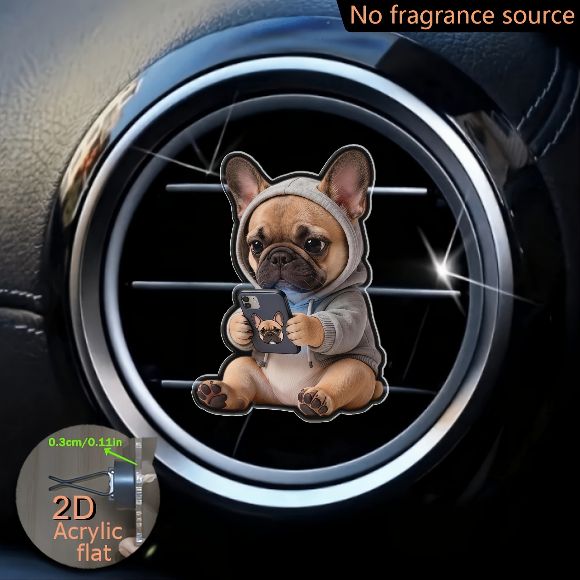 TEMU 2d Flat, 1pc Cute French Bulldog Playing With Phone Pattern Car Vent Clip, Pet-themed Acrylic Car Decoration, 