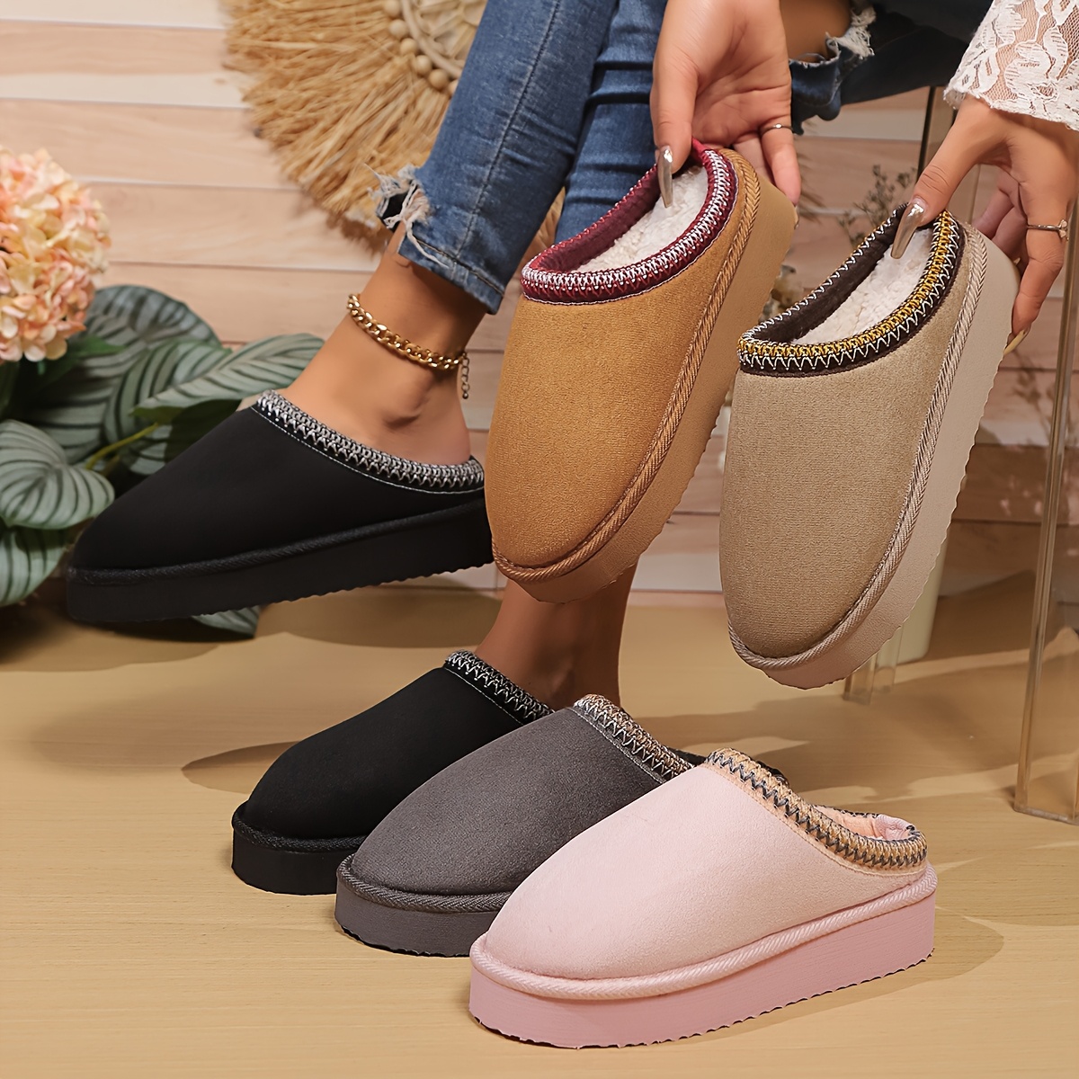 

1 Pair Women's Cozy Fabric Slippers With Eva Sole, Solid Color Indoor Warm Ankle Booties, Hand Washable - Comfortable Footwear For All