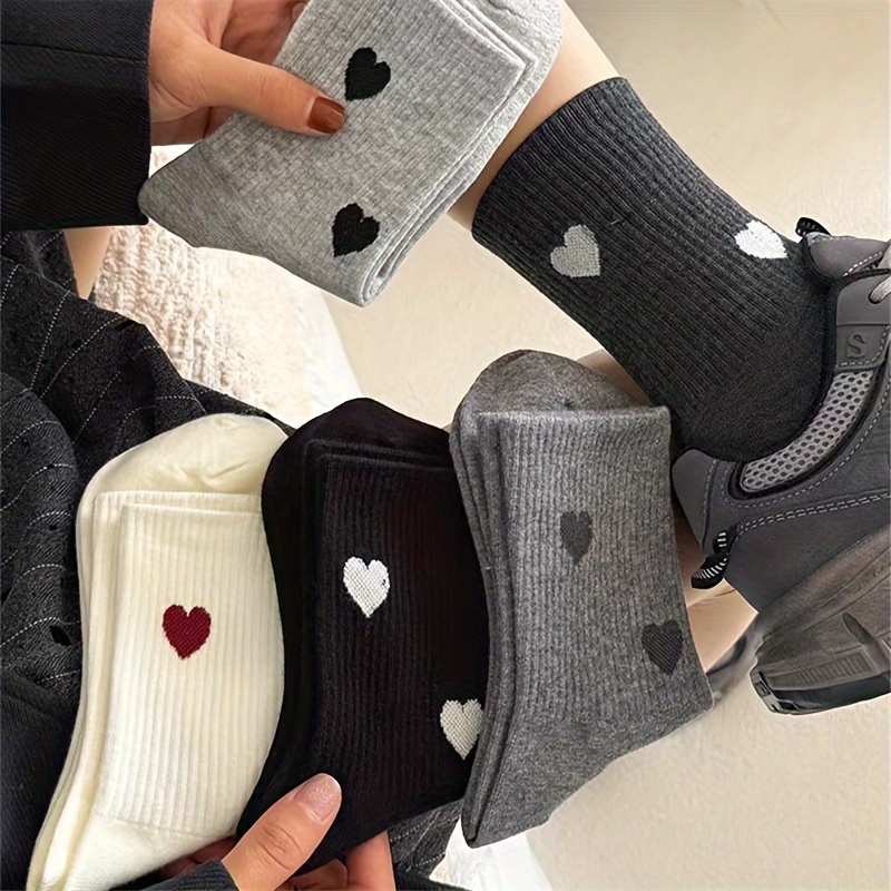 

[5 Pairs Heart Socks] 5 Pairs Socks, Comfortable Mid-calf Length, Polyester Knit Fabric With 5% Elastane, Geometric Pattern, With Hand Wash, For Fall/winter