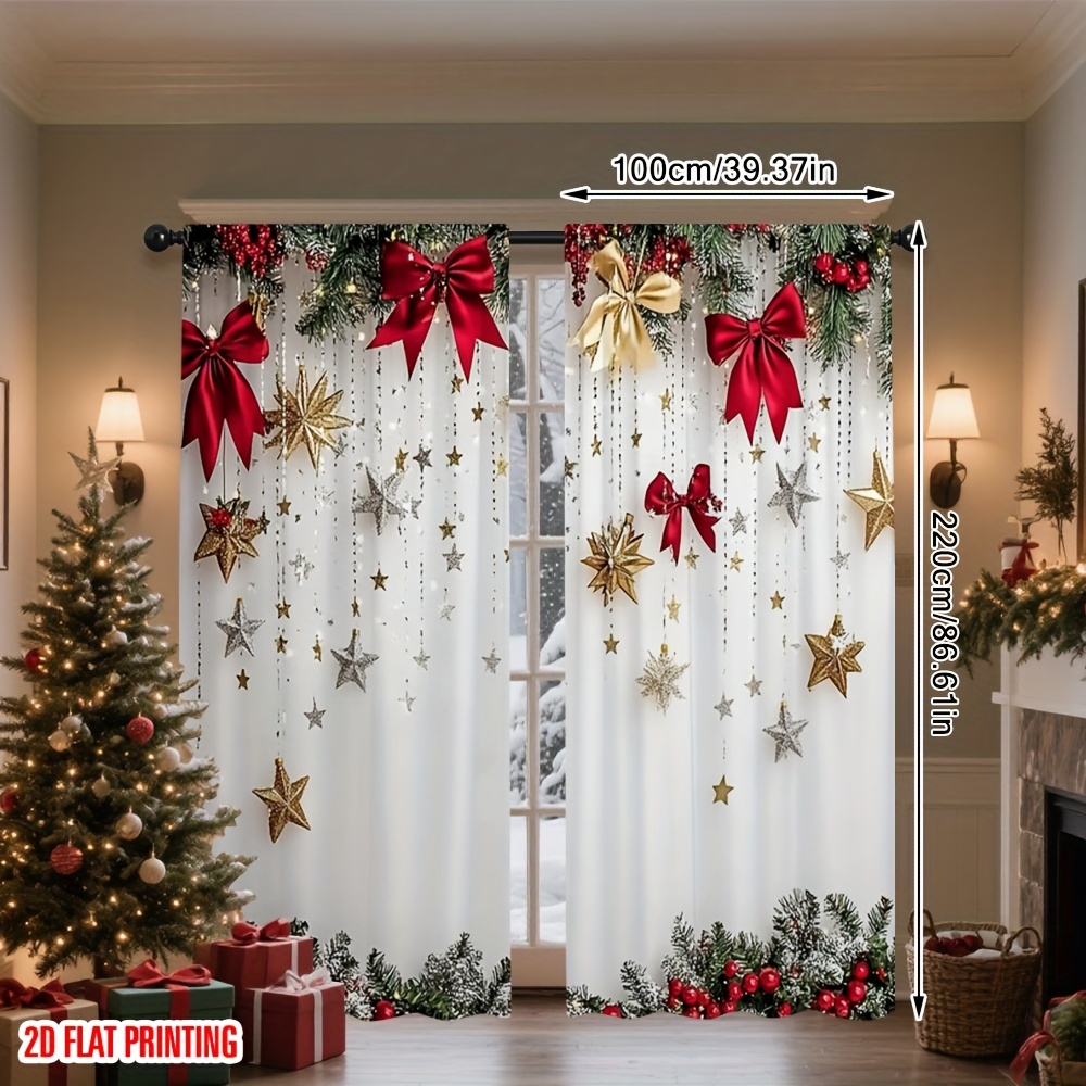 TEMU 2d Flat - 2d Flat - Two-dimensional Printed Christmas Party Curtains Featuring Pine Branches, Made From Versatile Polyester, Suitable For Indoor