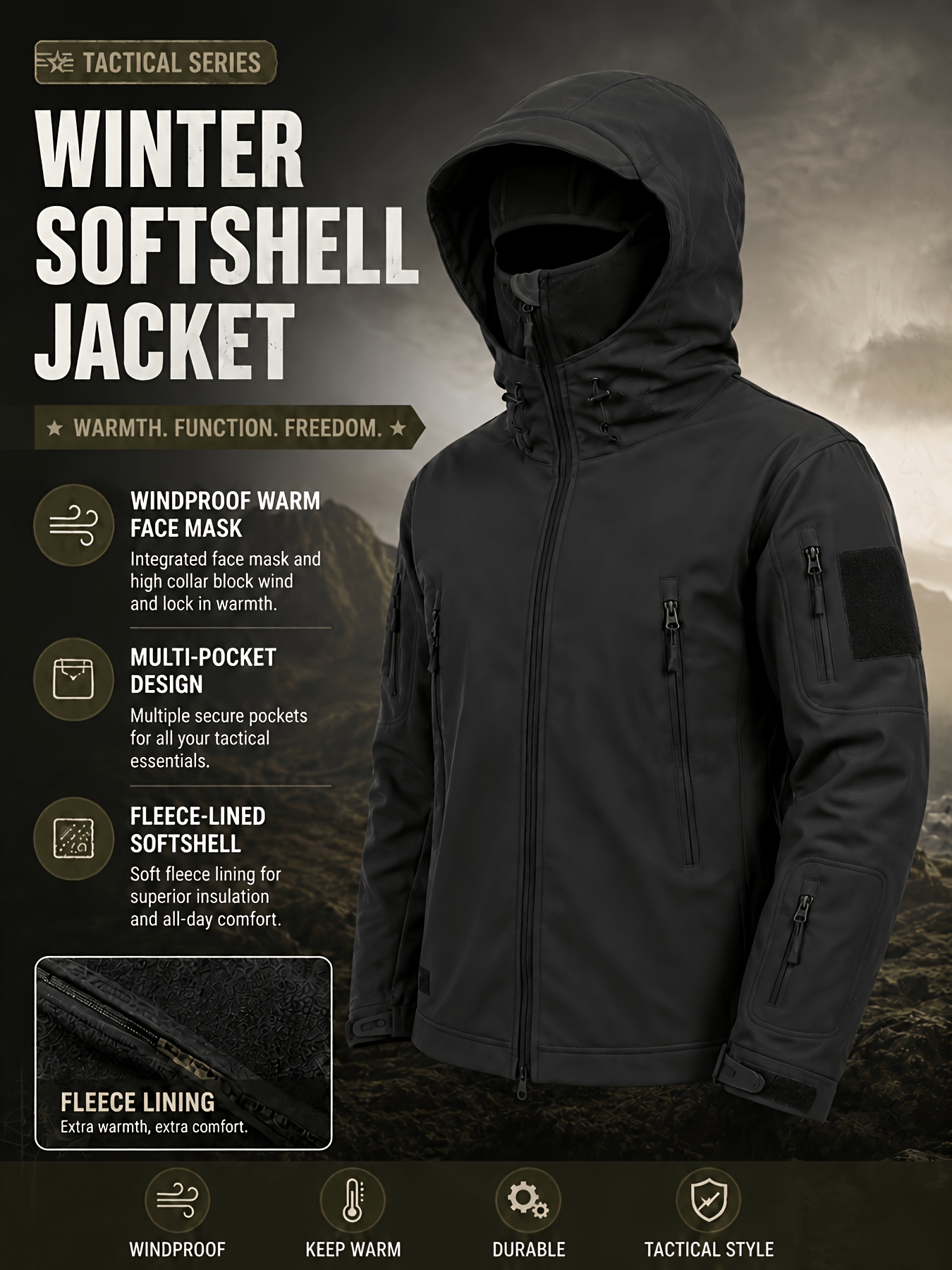 Men's Multi-Pocket Softshell Jacket & Cargo Pants Set with Face Mask