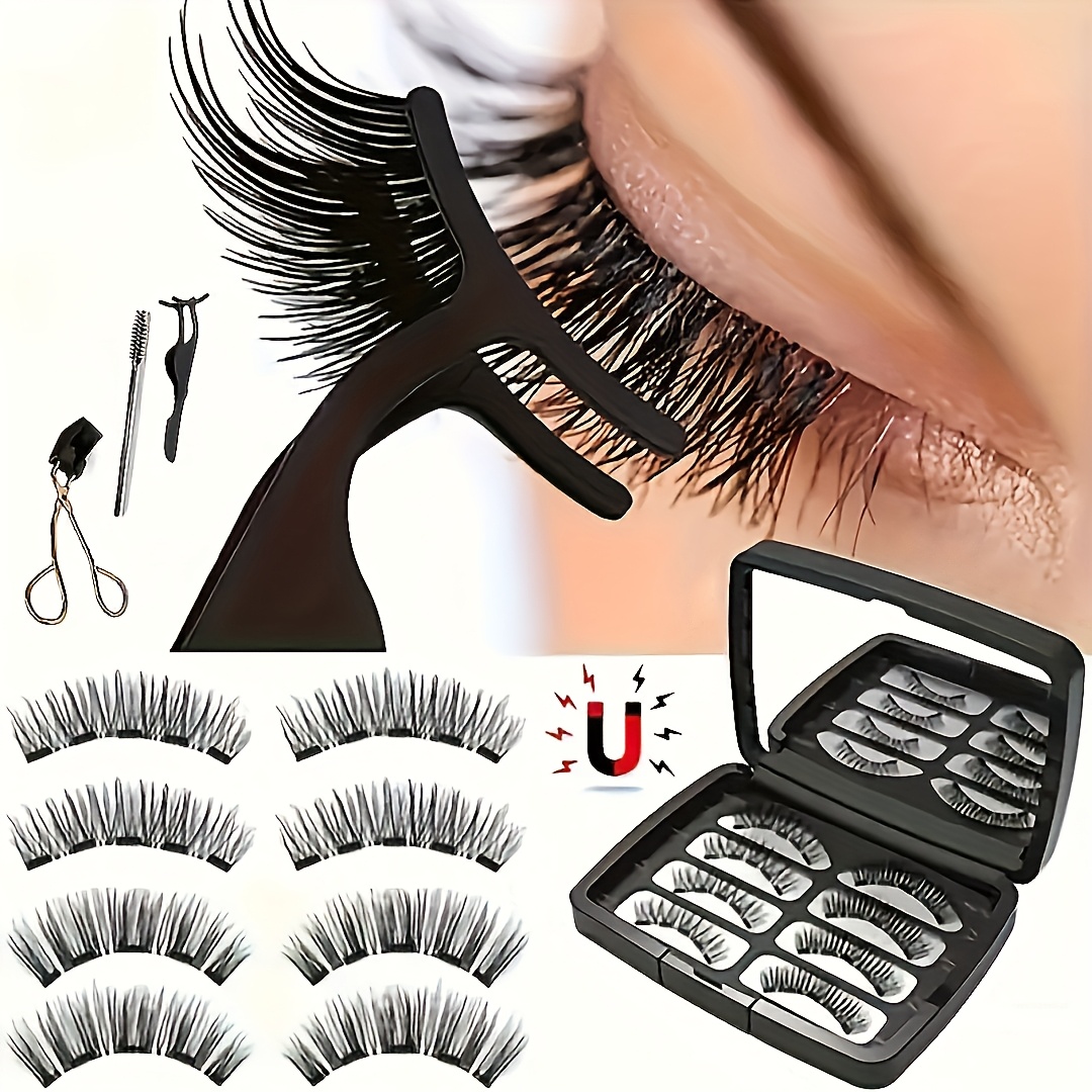 TEMU 8pcs Magnetic False Eyelashes Set, Natural Makeup Effect, No Glue Needed, Reusable Double Magnetic Lashes With Applicator, Suitable For Parties,