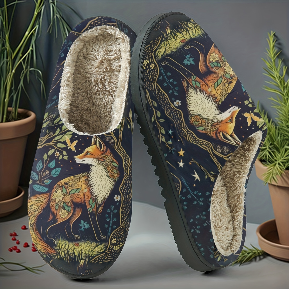 Image of Spirit Fox Slippers, Featuring Blossoms And Foliage, With An Intricate And Mysterious Design. Soft And Warm To The Touch, Slippers Are A Cozy, Skin- Essential, Suitable For