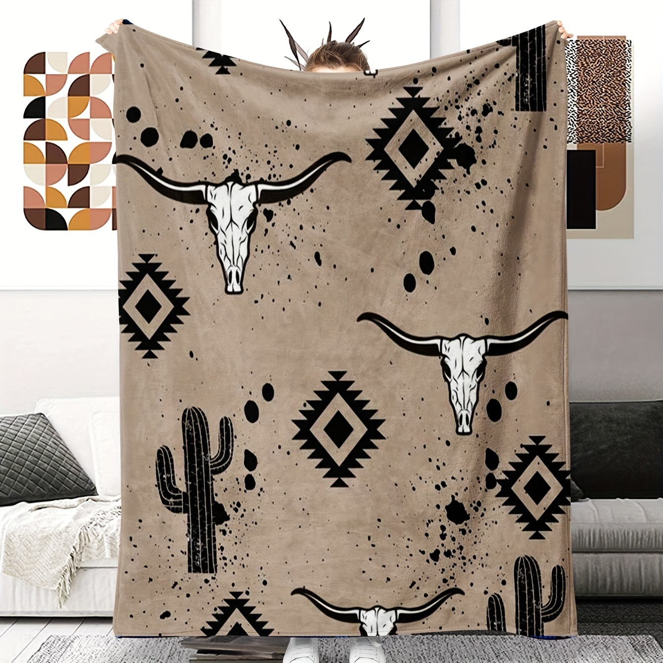 

1pc Rustic Western Flannel Fleece Blanket, French Style, Soft Cozy Throw Blanket, Bull And Cactus Design, Home Decor