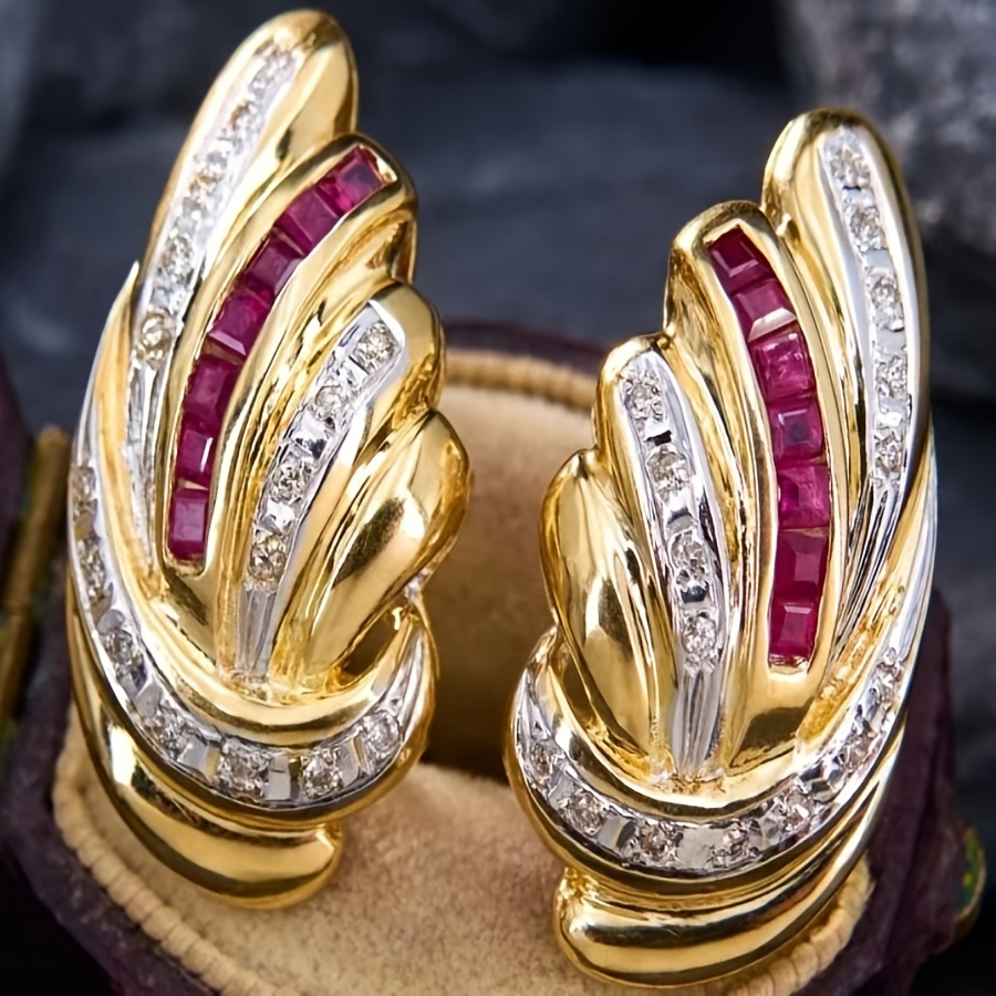 E-shop 1 Paar Glänzende Rote Damen-Stecker mit Kupferbesetzten Roten Synthetischen Zirkonia Clips, Modischer Schmuck für Damen, Hochzeitsohrringe,